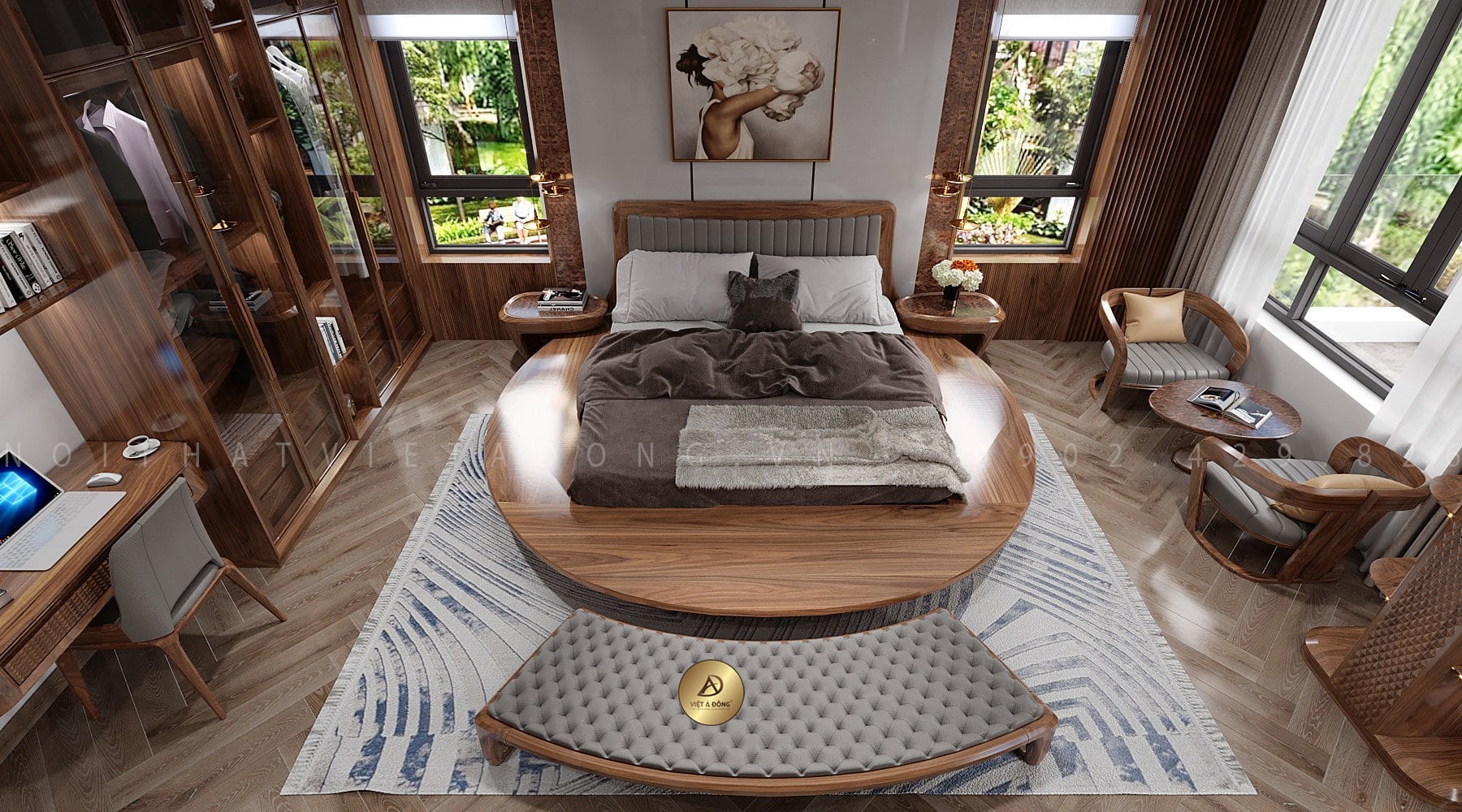 Thi công và thiết kế nội thất gỗ óc chó tự nhiên cho phòng ngủ